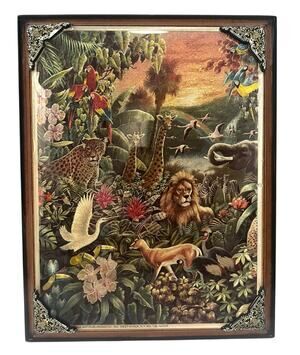 David Miller Vintage Metallic Print Art Plaque Jungle Animals Lion Cheetah
